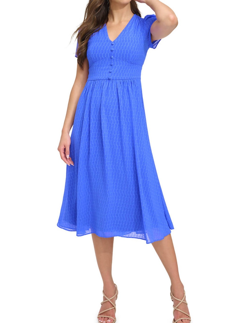 Blue V-Neck Button-Front Midi Dress